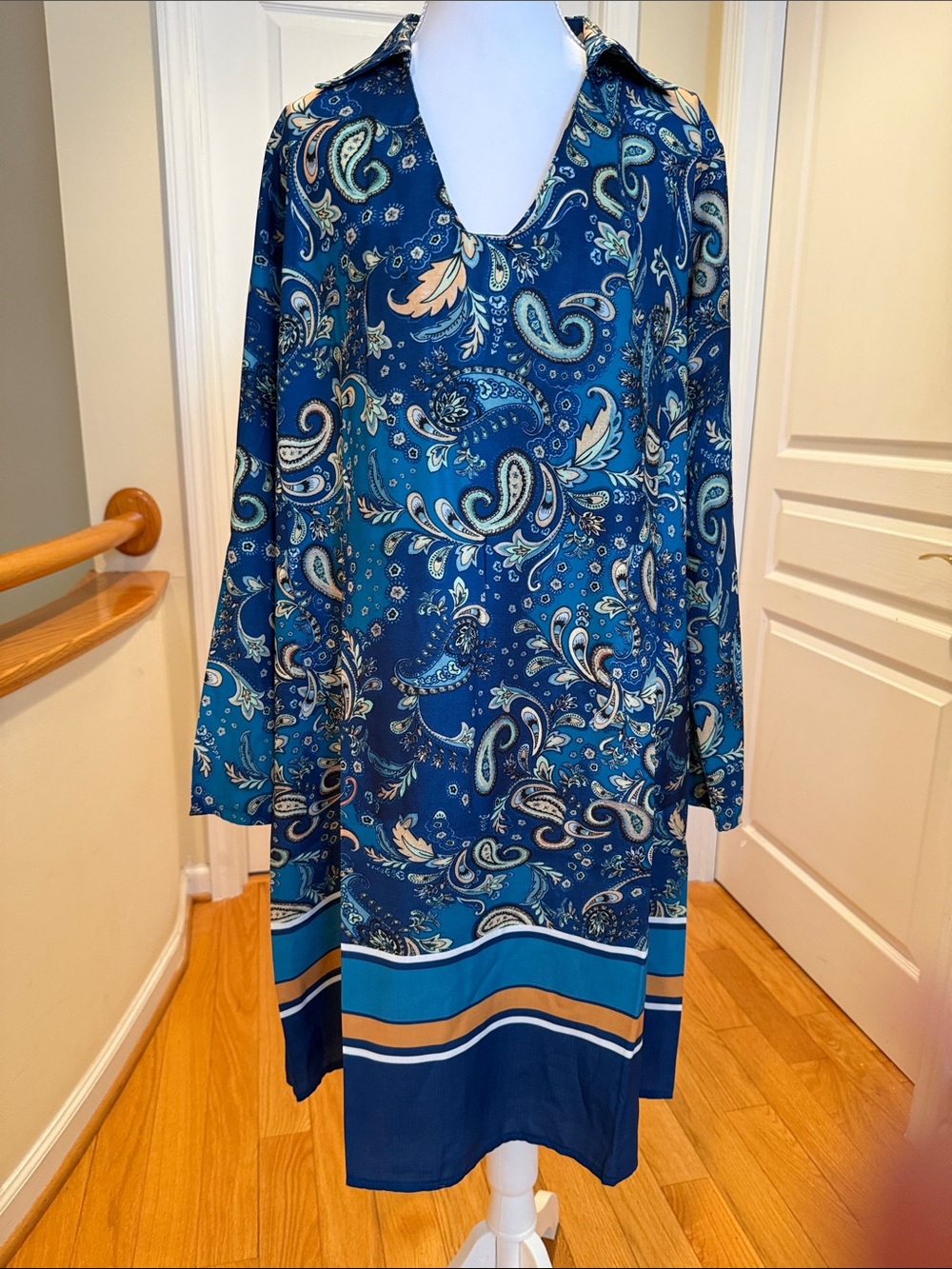 Adorable Summer midi dress with blue and green paisley pattern shift dress